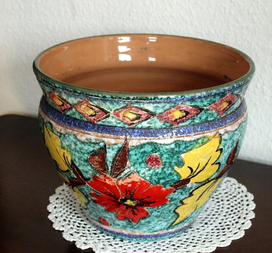 XL Handmade Ceramic Plant pot hand-painted, made in Italy, marked, Multi Color, Vintage (photo 10 of 11)