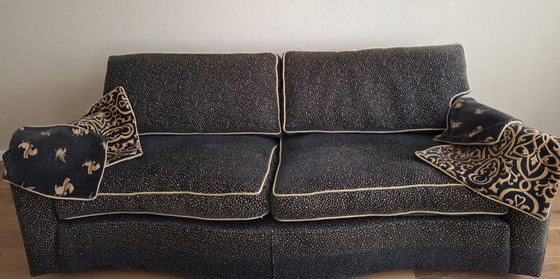 Image 1 of Blauwe bank incl bijpassende hocker en kussenhoezen