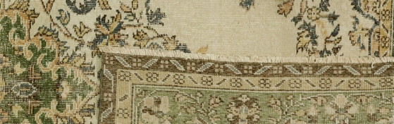 Vintage Turks tapijt 300x186 cm – Groot handgeknoopt wollen tapijt met zacht crèmekleurig en groen (photo 12 of 12)