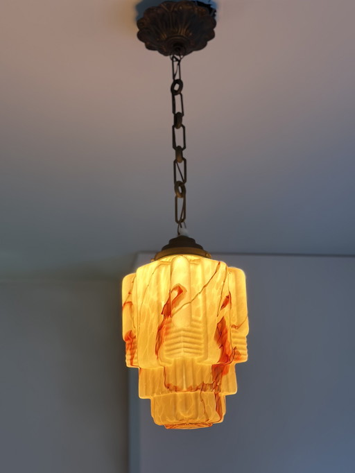 Lampada a sospensione Art Déco – Vetro marmorizzato scultoreo, anni '30-'40