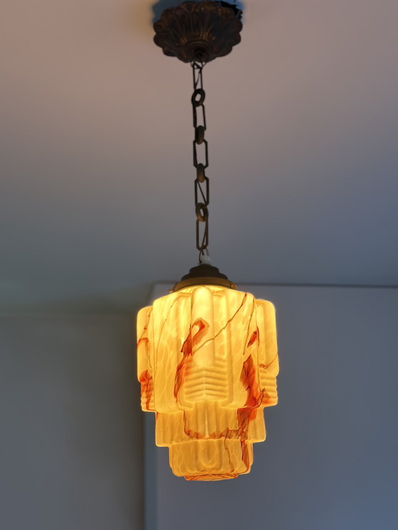 Image 1 of Lampada a sospensione Art Déco – Vetro marmorizzato scultoreo, anni '30-'40