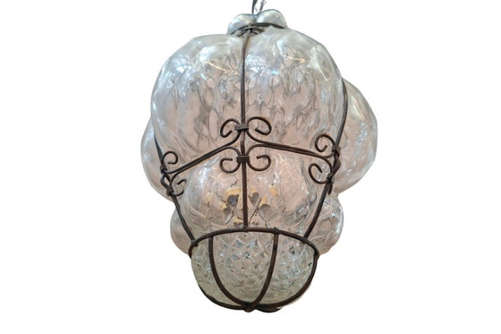 Image 1 of Lampada a Sospensione Vintage in Vetro Soffiato e Ferro Battuto