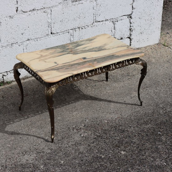 Image 1 of Franse Vintage Marmeren Messing Salontafel - Cocktailtafel-Lounge Tafel-Barok Stijl-60er jaren
