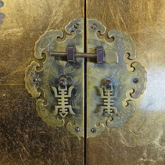 Image 1 of Vintage Chinese cabinet gold leaf flowers and peacocks and birds / oriental cabinet / bohemian cabinet / Asian cabinet