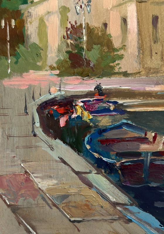 Image 1 of Origineel olieverfschilderij: Stadsgezicht 's avonds. De rivier en het hart van de stad.
