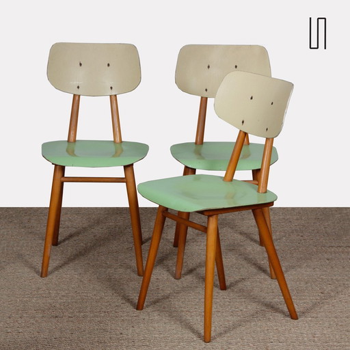 Suite Of 3 Vintage Wooden Chairs, Edited By Ton, 1960