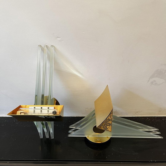 Hollywood Regency Wandlampen in vergulde messing voetstukken, 1970, Set van 2 – Metal, Glass, Art Deco (photo 13 of 15)