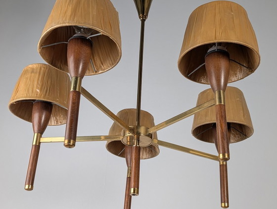 Image 1 of Danish Five-Arm Chandelier in Wood and Brass, 1950s