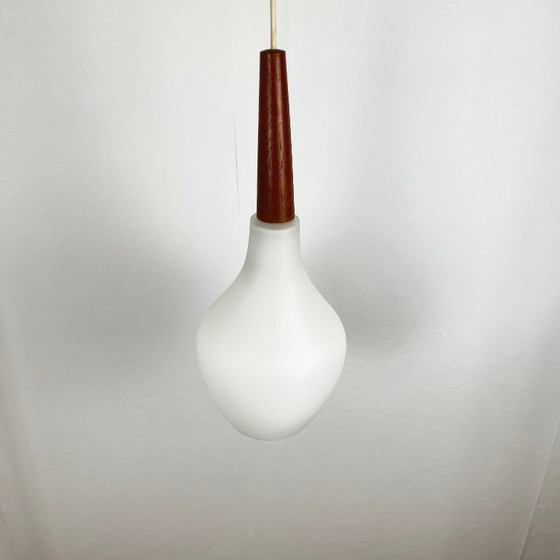 Image 1 of Scandinavian opaline and teak pendant light, midcentury modern