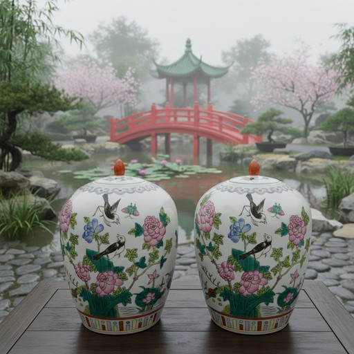 Paar grote chinese gemberpotten Famille Rose 32cm