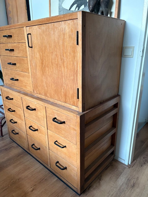 Image 1 of Twee Eiken Vintage Modernist Ladekasten Uit Drukkerij