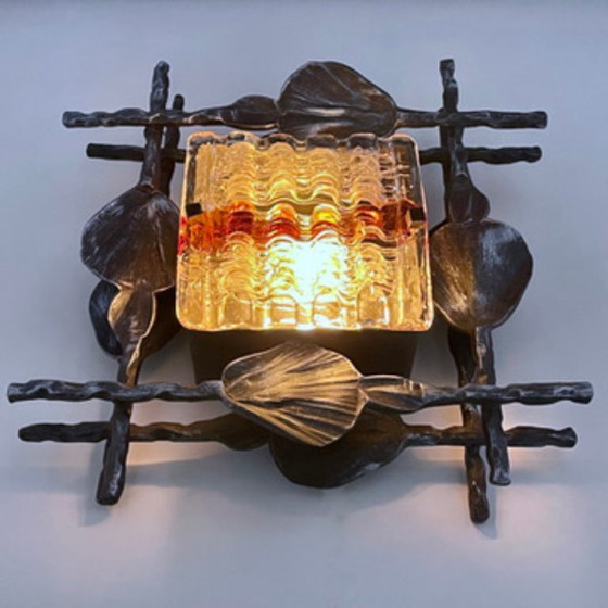 Image 1 of Pair of Brutalist wall sconces – Hand-Forged iron with Artistic glass – Italy 1960s–70s