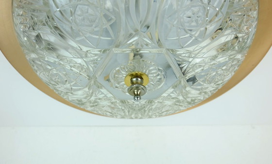 Image 1 of mid century ceiling LAMP flush mount textured glass and aluminum 1970s hollywood regency