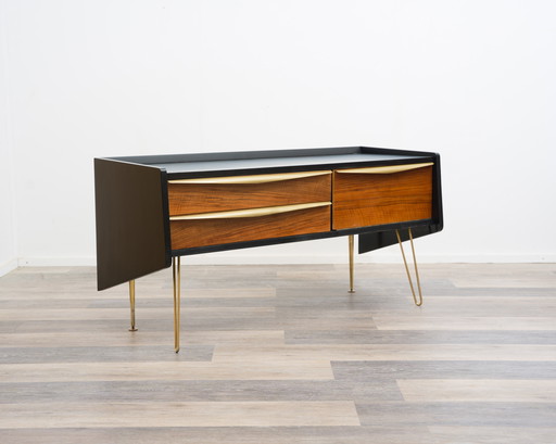 Rare compact lowboard/sideboard from the 50s with brass-colored hairpin legs