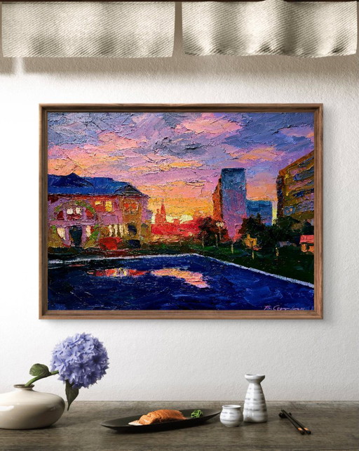 Original Oil Painting Evening Landscape City Orange Sunset – schilderijen tekeningen, Canvas (photo 2 of 7)
