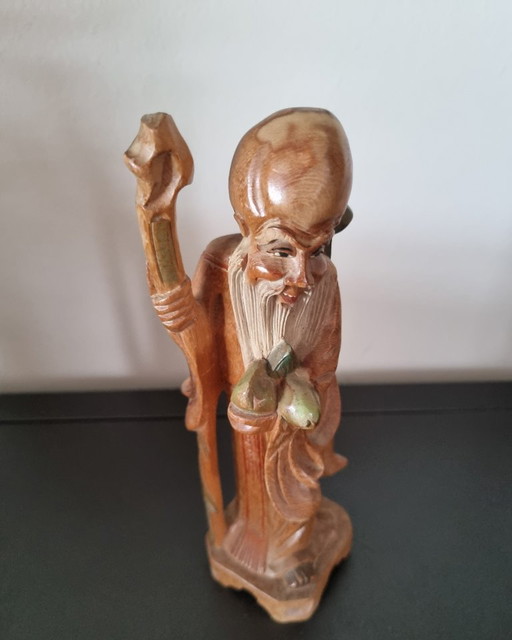 Vintage Shou Xing (Shou Lao) Houten Beeld