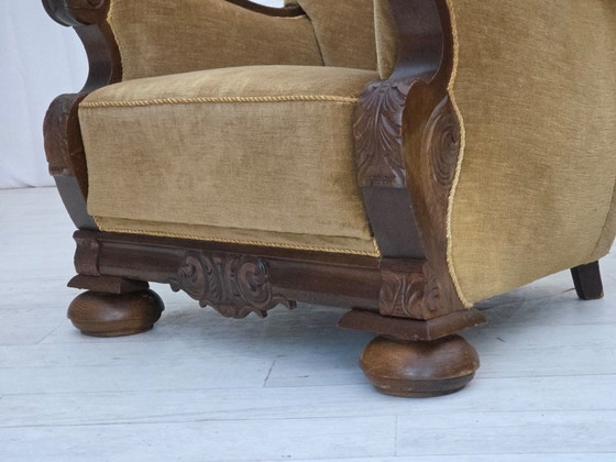 Image 1 of 1960s, Danish relax chair, original green furniture velour, carved oak wood.