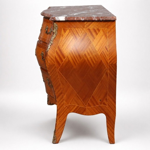 Marquetry Chest of Drawers — Mixed-Wood Veneer, Brass Mounts & Marble Top, 20th Century