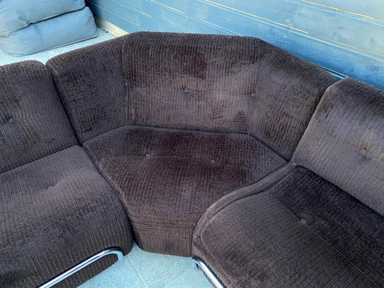 Image 1 of Divano da salotto modulare poltrona poggiapiedi stile Bauhaus in velluto a coste marrone e cromo vintage 1970