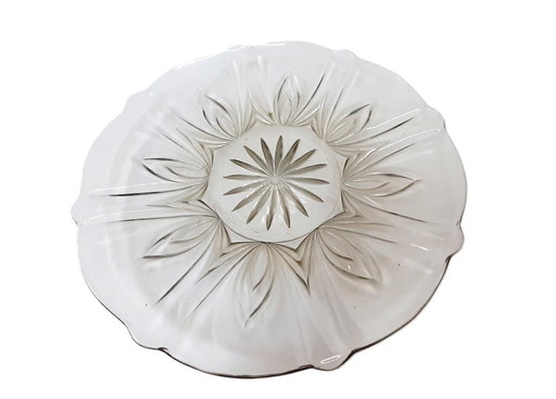 Piatto da torta decorato in vetro trasparente vintage