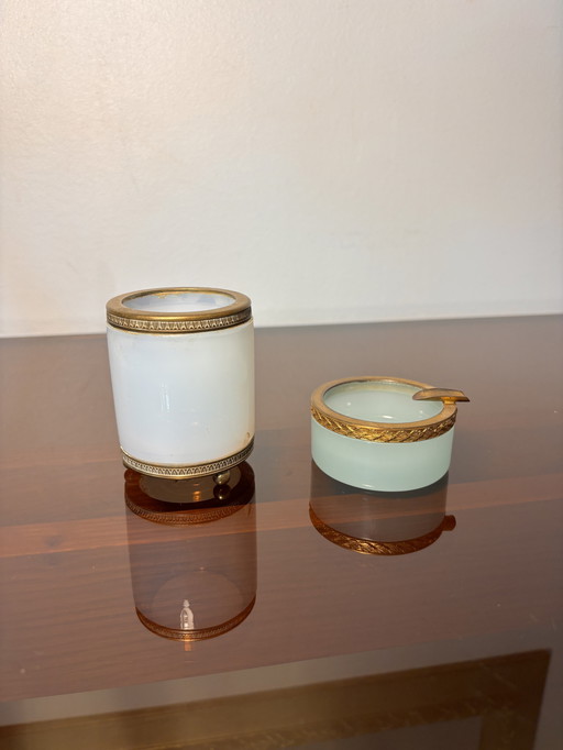 2 opaline ormolu tooth-stick holder & ashtray