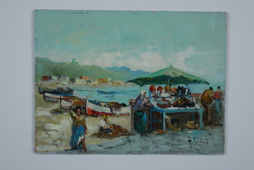 Small painting signed Guglielmo Curti. Oil on panel. Port market.