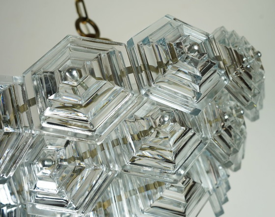 Image 1 of 3-tier mid century PENDANT LIGHT with 27 hexagonal glass panels 1960s 70s chandelier
