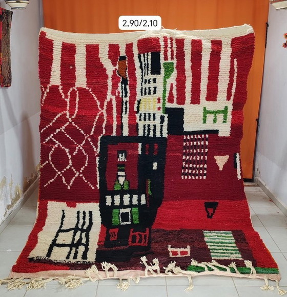 Image 1 of Authentique tapis Boujaad marocain fait main 290 × 210 cm – Tapis berbère rouge à motifs abstraits en laine – Tapis marocain vin