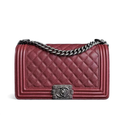 Borsa Chanel Boy Medium - Caviar 25 cm trapuntata bordeaux rosso scuro rutenio finiture argento Serie 19