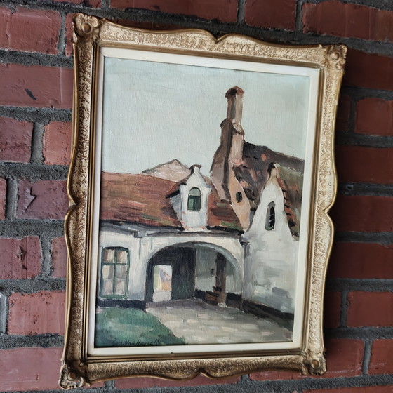 Image 1 of Joseph Van Hoyvelt – Vintage Belgian Oil Painting of Flemish Courtyard – Framed Mid Century Artwork