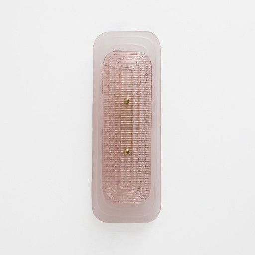 Pair of Art Deco Sconces in Matte and Glossy Pink Murano Glass and Brass