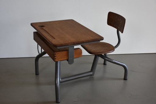 Pupitre d'écolier original français, design des années 1930, style industriel vintage