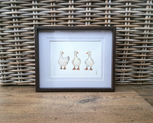Watercolor three geese original in frame
