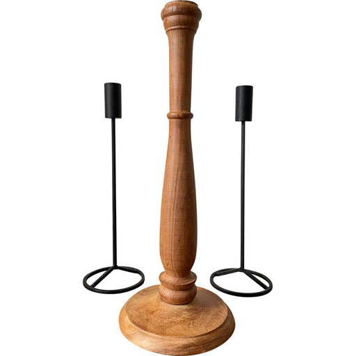 Set of 3 vintage teak and steel candlestick