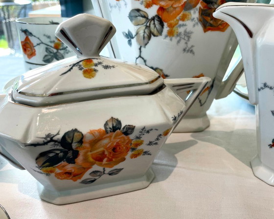 Image 1 of Vintage Eichwald theeservies voor 12 personen – Art Deco porseleinen servies – Oranje rozenpatroon