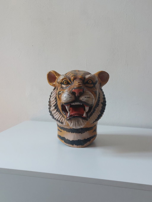 Ancien masque de tigre en papier mâché peint à la main, accessoire de théâtre pour enfants