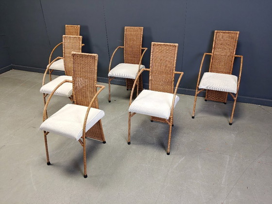 Image 1 of Vintage wicker high back dining chairs set of 6 - 1980s