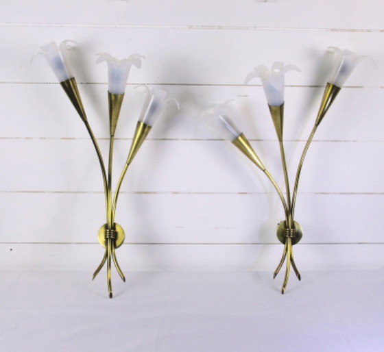 Image 1 of Mid-Century Mid-Century Messing & Lucite Blumen-Wandlampen, Maison Jansen, Frankreich Stephan M. Art Design Desire