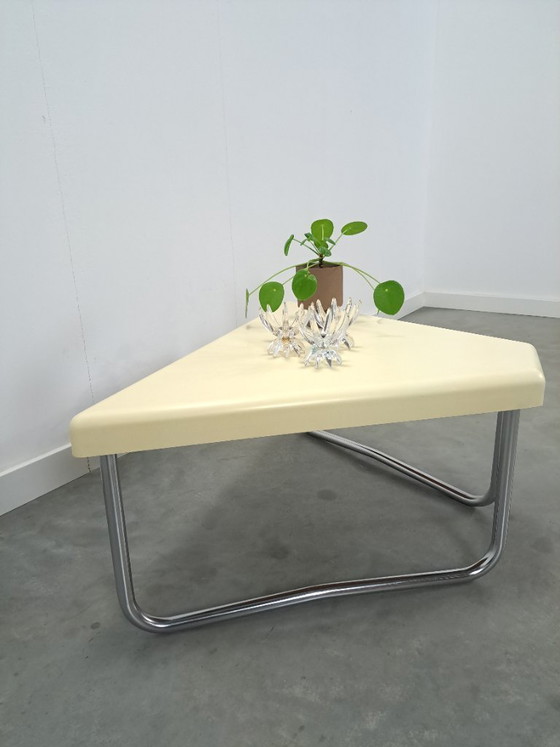 Image 1 of Space age triangular plastic table with chrome tubular frame legs