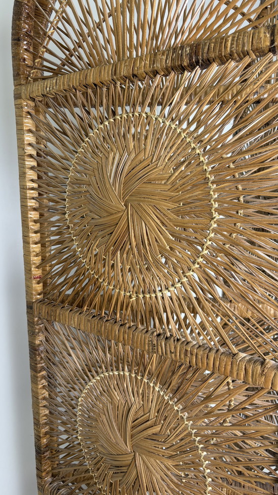 Image 1 of Vintage Sunburst rattan bamboo large folding screen room divider