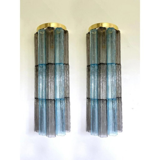 Pair of Italian Murano Glass Tronchi Wall Sconces in Grey and Light Blue