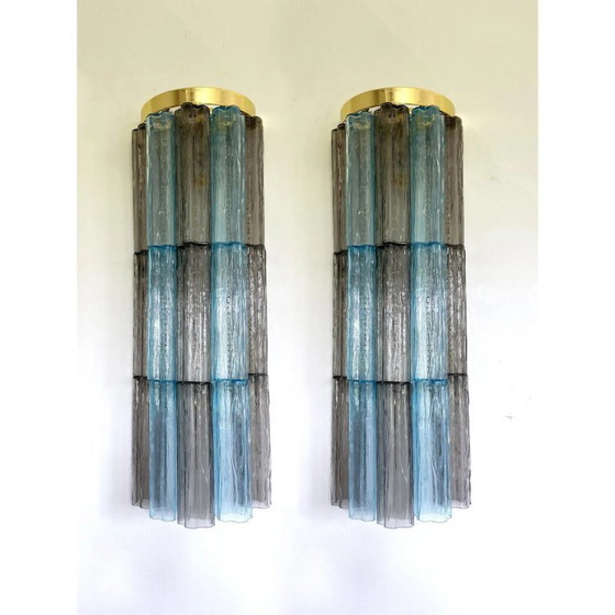 Image 1 of Pair of Italian Murano Glass Tronchi Wall Sconces in Grey and Light Blue