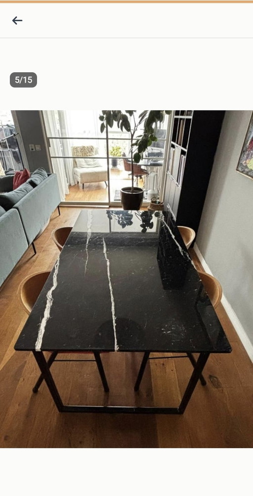Table de salle à manger en marbre Nero Marquina, 160 x 90 cm, piètement en acier