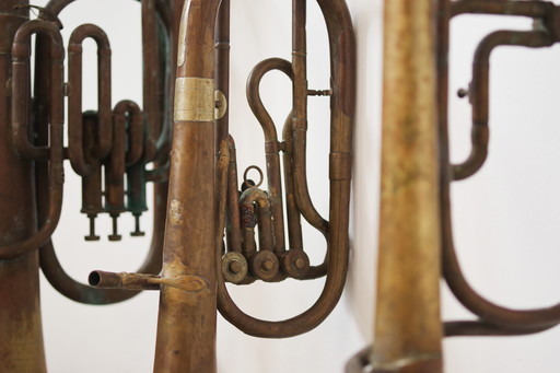 Ensemble vintage de trois trompettes en cuivre des années 1940 - Collection d'instruments de musique anciens