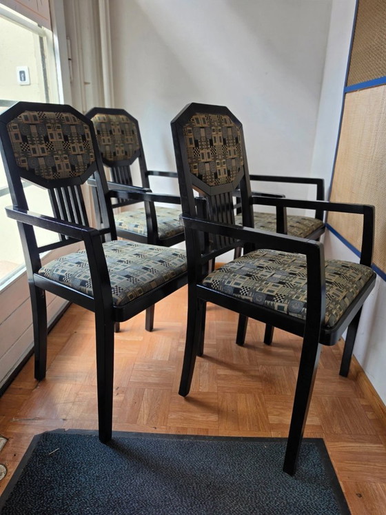 4 original Thonet Vintage Armchairs, polygonal back & patterned upholstery, Dining chairs, Wood, Grey (photo 2 of 12)