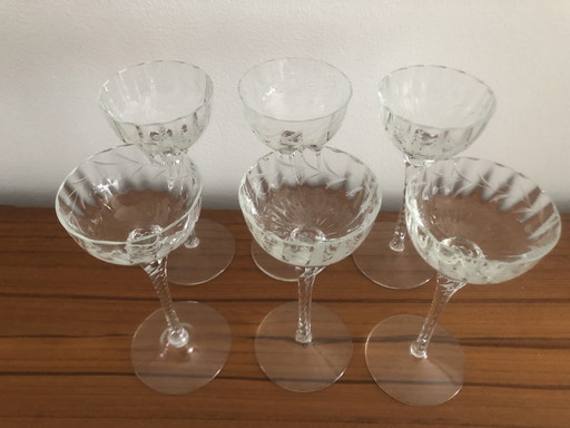 6x Vintage Murano Liqueur Glasses On Twisted Stem Transparent