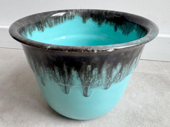 1x Grote Vintage Turquoise Keramiek Bloempot – Plantenbak, Ceramic (photo 4 of 7)