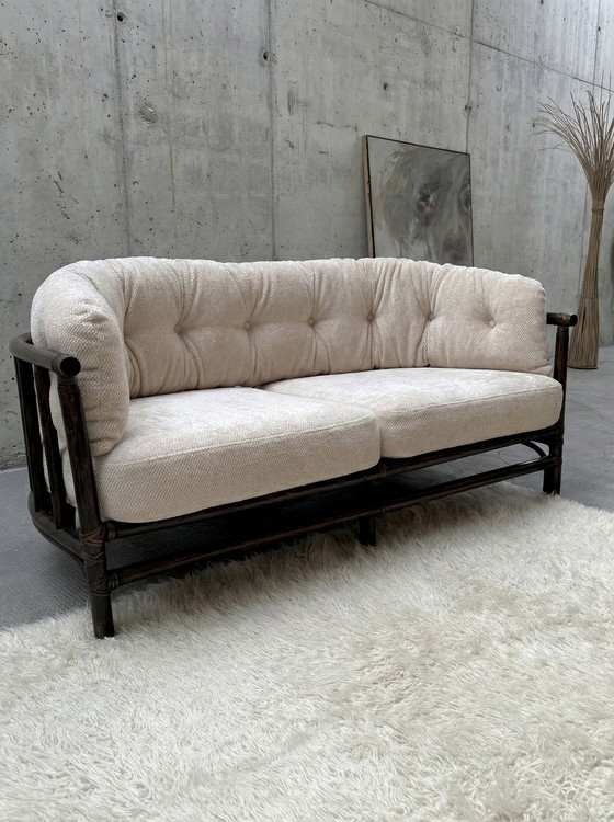 Image 1 of POLTRONA E DIVANO A 2 POSTI IN VELLUTO DI BAMBÙ CREMA, ITALIA ANNI '70