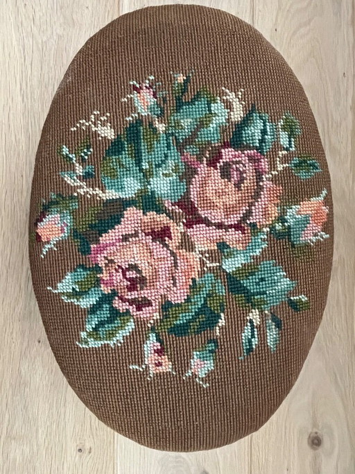 Vintage footstool with petit point embroidery