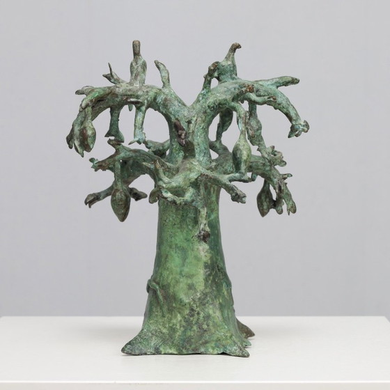 Image 1 of Patinierte Bronzeskulptur eines Baobabbaums mit Vögeln, signiert TM, 1980er Jahre